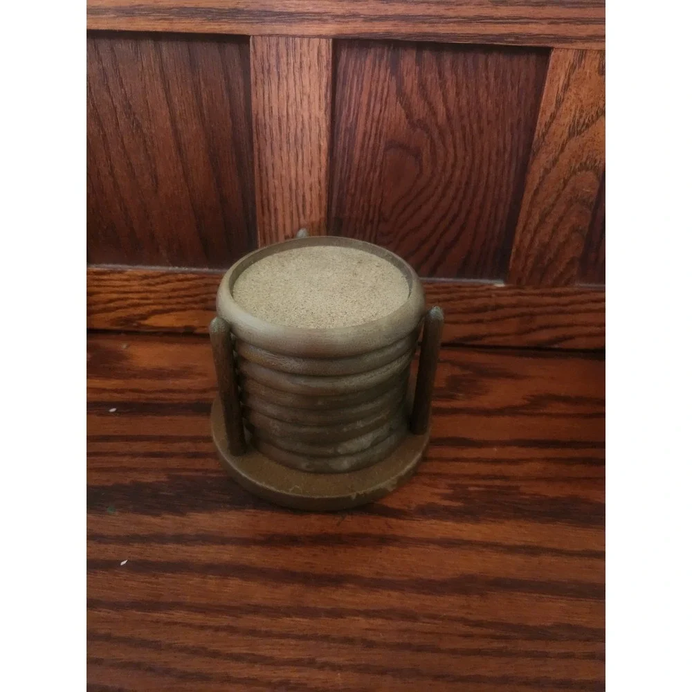 Set of 8 Vintage Wooden Coasters with Container Holder Kitchy Farmhouse
